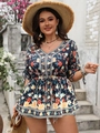 Detail of bohemian floral print on V-neck top with ethnic ribbon and drawstring waist - XL / Navy Blue