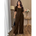 Close-up of square neck puff sleeve top with gold buttons and matching wide leg pants - 1XL / Brown