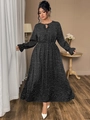 Dettagli dell'abito lungo nero a pois con vita elastica e scollatura con laccetti - 1XL / Nero