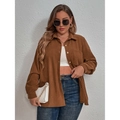 Relaxed brown corduroy long-sleeve shirt for women with chest pocket and button-down front - 1XL / Dark Brown