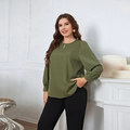 Elegant olive green long sleeve round neck blouse with teardrop neckline for women - XL / Army Green