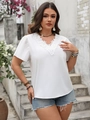 Close-up of white V-neck lace embroidery and pleated short sleeves on a casual women top - 4XL / White