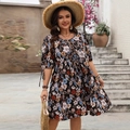 Floral print A-line summer dress with tassel neck and half sleeves in deep blue color - 1XL / Black