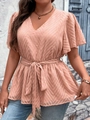 Dettaglio top con scollo a V, trama a chevron e cintura annodata con maniche a farfalla - 3XL / Rosa