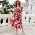 Lange bloemenjurk voor dames in bordeaux met V-hals, tailleriem en ruchesmouwen - 4XL / Bordeauxrood