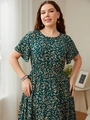Abito floreale verde smeraldo con maniche a volant e vita elastica per le donne - 3XL / Verde
