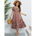 Blumiges schulterfreies Sommerkleid mit Puffärmeln und orange-blauem Blumenmuster - 2XL / Buntes Blumenmuster