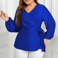 Dettaglio della camicetta a portafoglio con scollo a V, fiocco in vita e maniche a lanterna - 1XL / Blu