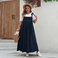 Detail of plus size navy blue overall dress with adjustable bow straps and white t-shirt - 3XL / Top And Bottom / Blue A