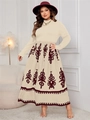 Detail of high waist plus size dress featuring ethnic print and pleated waist design - 3XL / Dark Red