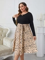 Detail of the keyhole neckline and high waist belt on this long sleeve patchwork dress - 3XL / Black Apricot