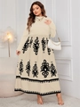 Detail of high neck long dress with intricate black symmetrical artistic patterns - XL / Apricot