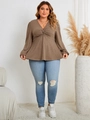 Detail of plus size brown V-neck long sleeve top with front twist knot and loose fit - XL / Coffee