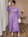 Detail of purple polka dot maxi dress with bow neck and ruffled long sleeve cuffs - Purple