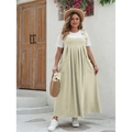 Detail of beige plus size pinafore dress featuring textured fabric and oversized side pockets - 3XL / Top And Bottom / Apricot B