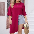 Women's plus size oversized dark red crewneck tunic top with asymmetric high side slits - 1XL / Rose Pink