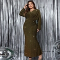 Abito da sera a sirena taglie forti verde oliva glitterato con scollo a V e maniche lunghe - 3XL / Oro