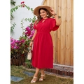 Elegant solid red plus size chiffon maxi dress with ruffle sleeves and elastic waist - 1XL / Red