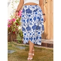 Gonna midi a portafoglio con stampe di peonie blu e girasoli su chiffon bianco - XL / Blu