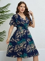 Donkerblauwe zomerjurk met V-hals, tropische palmprint en elastische hoge taille - 3XL / Blauw