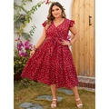 Summer red floral plus size midi dress with V-neck, ruffle sleeves and tiered skirt details - 2XL / Red