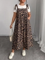 Detail of plus size leopard print overall dress with white t-shirt and handbag - 3XL / Top And Bottom / Leopard Print S