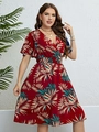 Bohemian zomerjurk in wijnrood met tropische palmprint en een elastische gesmokte taille - 3XL / Rood