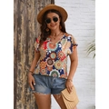 Women's V-neck summer blouse featuring bohemian floral print and short sleeves - 4XL / Khaki