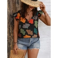 Detail of V-neck summer blouse with colorful ginkgo leaf print and ruffle sleeves - 1XL / Black
