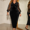 Elegante abito da sera taglie forti in velluto nero con scollo a V e maniche a palloncino - 2XL / Nero