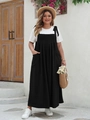 Women's plus size black overall maxi dress set with white T-shirt and bow straps - 3XL / Top And Bottom / Black