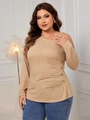 Detail showing asymmetric neckline and side buttons on camel oversized knit sweater - XL / Khaki
