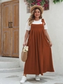 Women's summer two-piece outfit featuring white T-shirt and orange strap maxi dress - 3XL / Top And Bottom / Khaki D