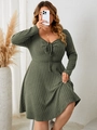 Deep green ribbed knit long sleeve plus size dress with sweetheart neckline and drawstring - 1XL / Green