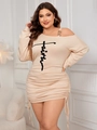 Detail of plus size off-shoulder dress featuring Faith script print and side drawstrings - 1XL / Apricot