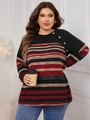 Haut rayé grandes tailles pour femmes avec boutons décoratifs en rouge et noir - 1XL / Rayures Épissées Noires