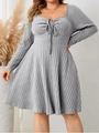 Grey plus size ribbed knit long sleeve dress with sweetheart neckline and tie detail - 3XL / Gray