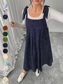 Navy polka dot pinafore dress with tie straps and side pockets in 14 color options - 3XL / Top And Bottom / Blue Polka Dot (062A)