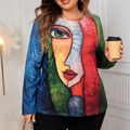 Haut grande taille pour femme à col rond et manches longues avec imprimé d'art abstrait - XL / Rouge