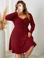 Wine red long sleeve knit dress with heart-shaped neckline and ribbed texture - Burgundy