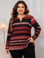 Detail of V-neck zipper with metal ring on oversized striped long sleeve shirt - 4XL / Brick Red