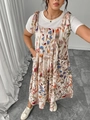 Plus size summer floral strap dress in cream white with adjustable bow ties and pockets - 3XL / Top And Bottom / Milky White