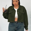 Women's dark green corduroy crop jacket with polo collar and silver buttons - XL / Army Green