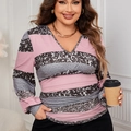 Plus size V-neck long sleeve top with pink and grey sequin striped pattern for women - XL / Pink