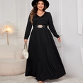 Elegant black long sleeve maxi dress with V-neck and a golden buckled waist belt - 3XL / Black