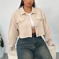 Women's beige corduroy cropped jacket with drop shoulders and polo collar in loose fit - XL / Apricot