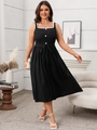 Detail of black square neck dress with white wave trim and decorative buttons - XL / Black