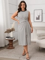 Detail of waist knot and side tie on sleeveless black and white striped midi dress - Black / 1XL