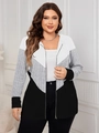 Detail eines Farbblock-Strick-Cardigans mit grauen Streifen, Ärmeln und Metallreißverschluss - 3XL / Weiß