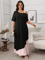Detail of off-shoulder neckline and asymmetric pink strap on black maxi dress - 2XL / Black Patchwork Pink